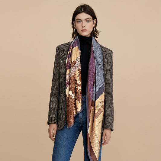 Silk-Cotton Oversized Scarf Shawl –  Paris Architecture Print, All-Season Wrap