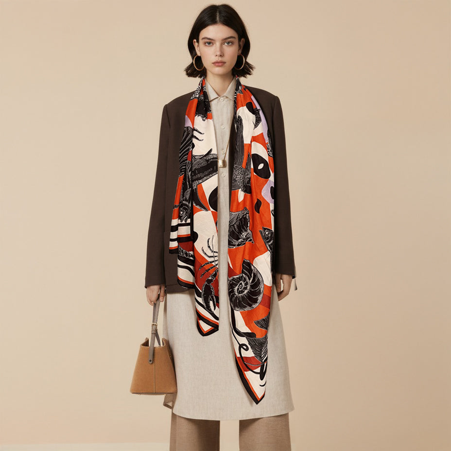 Silk-Cotton Oversized Scarf Shawl – Ocean World, All-Season Wrap
