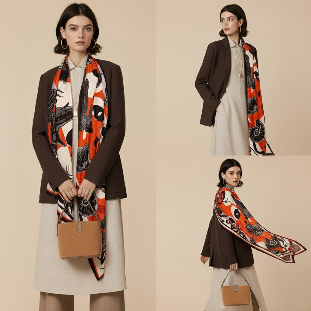 Silk-Cotton Oversized Scarf Shawl – Ocean World, All-Season Wrap