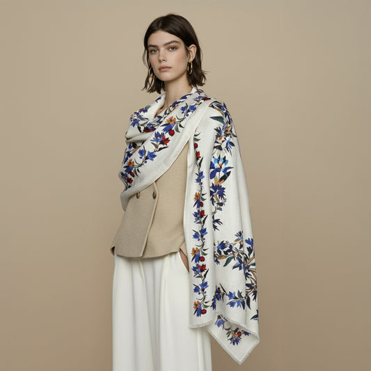 Silk Wool Scarf 30% Silk 70% Wool 60x185cm Floral Print