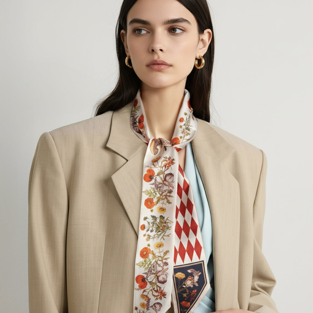 Premium 100% Mulberry Silk Skinny Scarf - Rabbit Forest Pattern