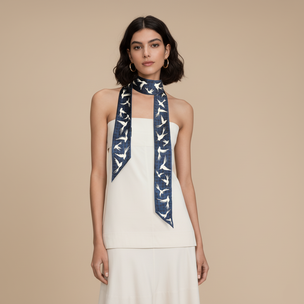 Premium 100% Mulberry Silk Skinny Scarf - Flying Birds