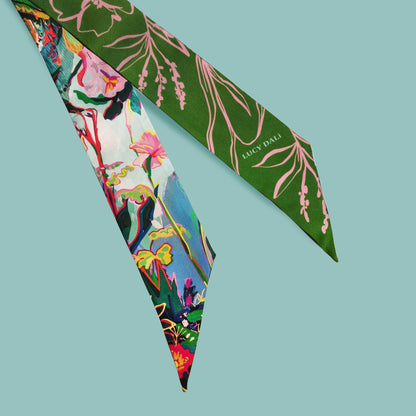 Premium 100% Mulberry Silk Skinny Scarf - Flower Green Pattern
