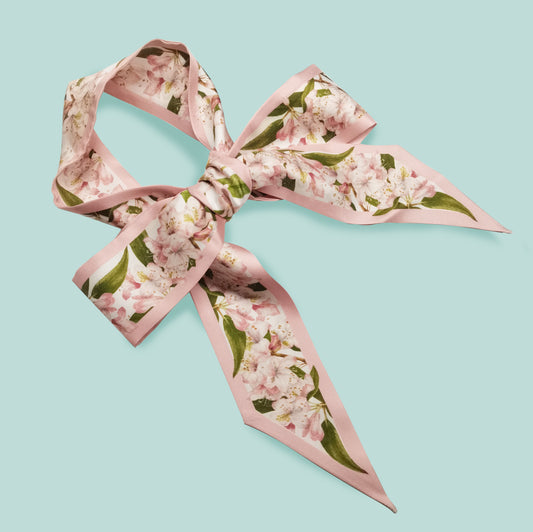 Premium 100% Mulberry Silk Skinny Scarf - Blush Pink Floral Scarf Pattern