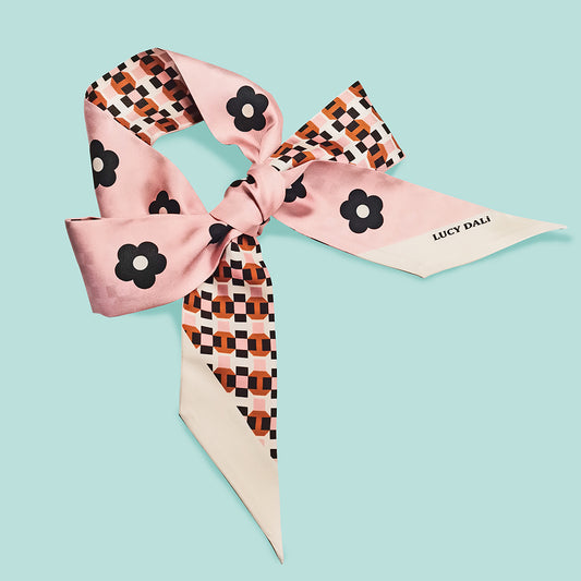 Premium 100% Mulberry Silk Skinny Scarf - Floral Geometry Pattern