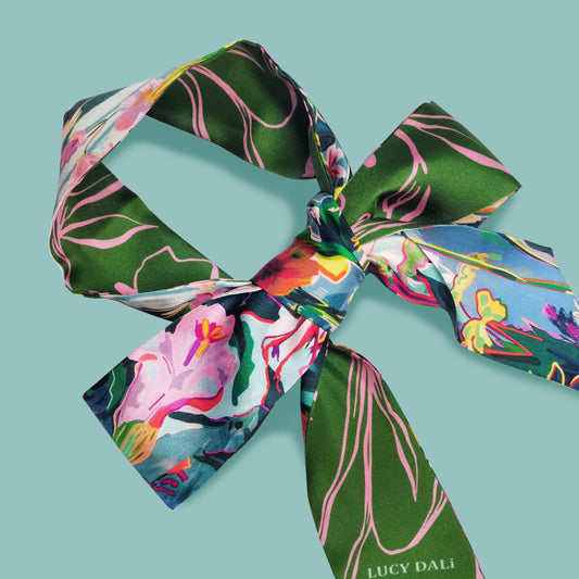 100% Mulberry Silk Skinny Twilly Scarf in Flower Green Pattern