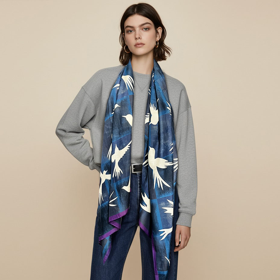 Silk-Cotton Oversized Scarf Shawl – Soaring Birds All-Season Wrap