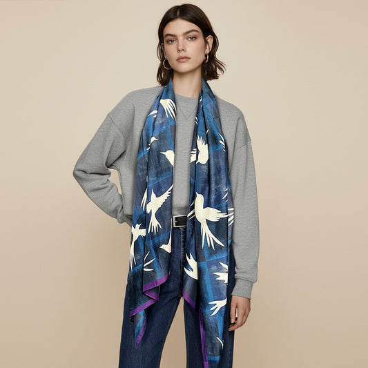 Silk-Cotton Oversized Scarf Shawl – Soaring Birds All-Season Wrap