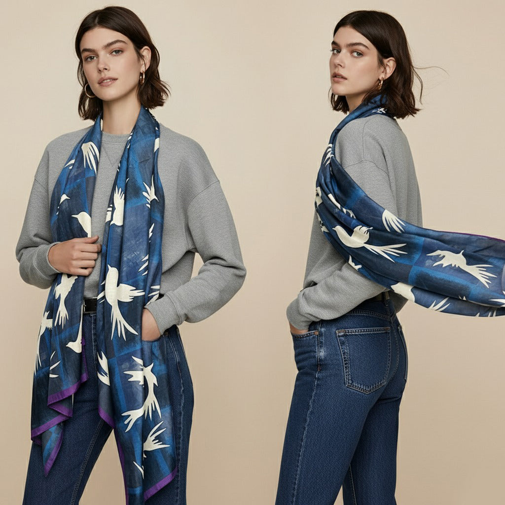 Silk-Cotton Oversized Scarf Shawl – Soaring Birds All-Season Wrap