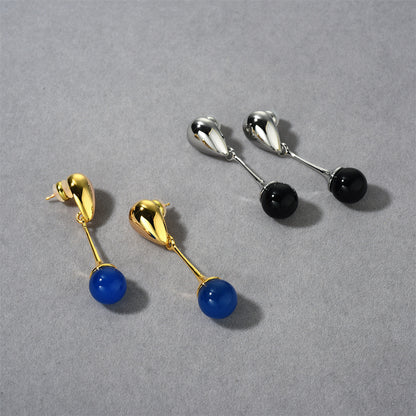 18K Gold Blue Black Stone Pendant Earrings