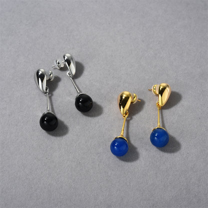 18K Gold Blue Black Stone Pendant Earrings