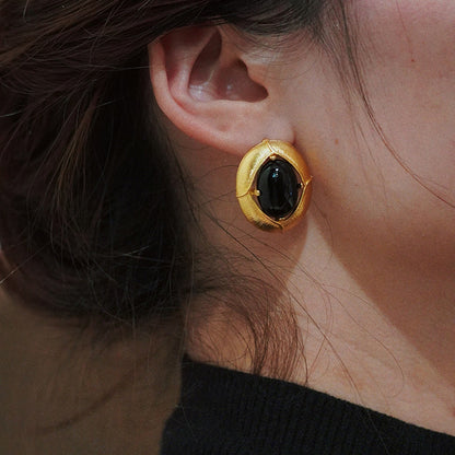 18K Gold Black agate oval Earrings vintage style