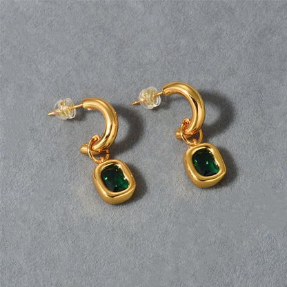 18K Gold Green Stone Pendant Earrings
