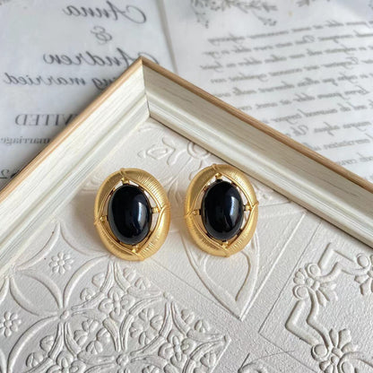 18K Gold Black agate oval Earrings vintage style