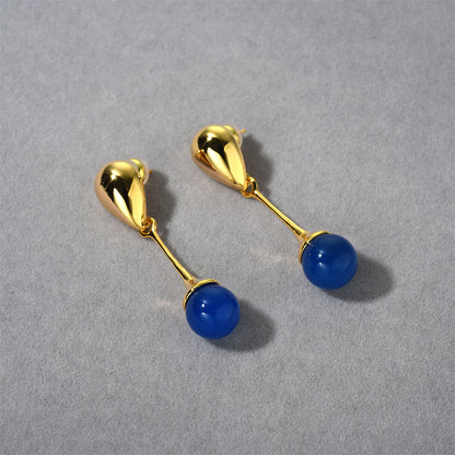 18K Gold Blue Black Stone Pendant Earrings
