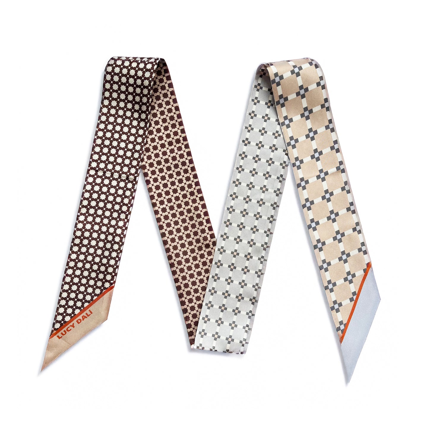 Premium 100% Mulberry Silk Skinny Scarf - Geometric patchwork
