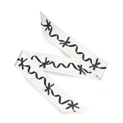 Premium 100% Mulberry Silk Skinny Scarf - Black Knotted Ribbon