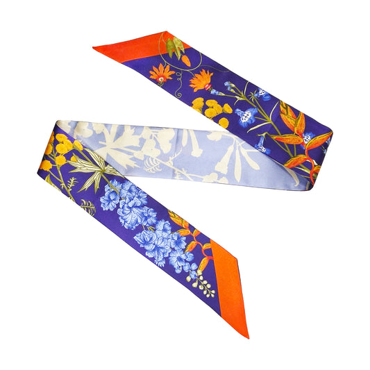 Premium 100% Mulberry Silk Skinny Scarf - Amber-Bordered Flowers