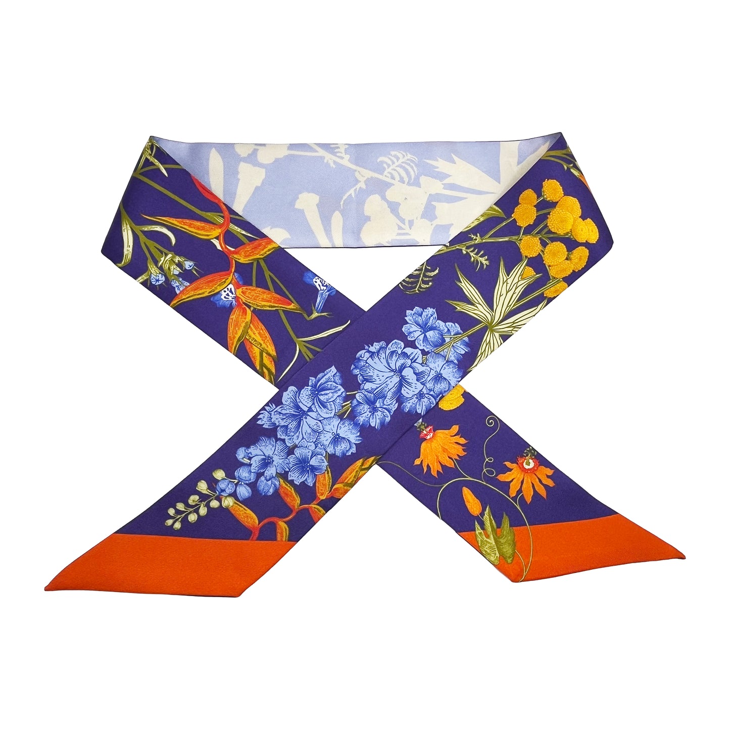 Premium 100% Mulberry Silk Skinny Scarf - Amber-Bordered Flowers