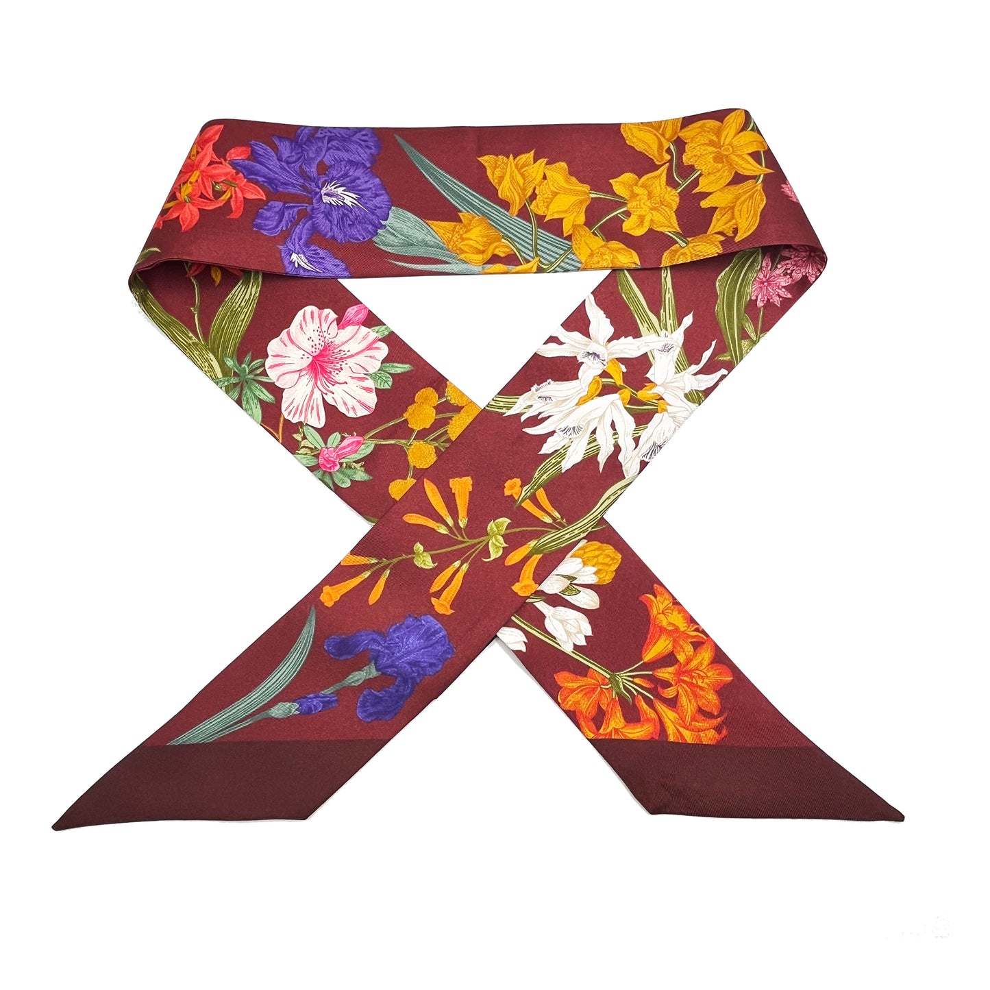 Premium 100% Mulberry Silk Skinny Scarf - Velvet Flowers