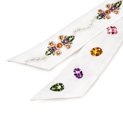 Premium 100% Mulberry Silk Skinny Scarf - Jewels Pearls