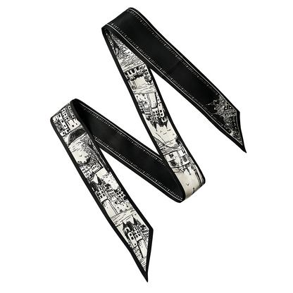 Premium 100% Mulberry Silk Skinny Scarf - Architectural Sketch Pattern