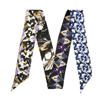 Premium 100% Mulberry Silk Skinny Scarf - Conceptual forms Pattern