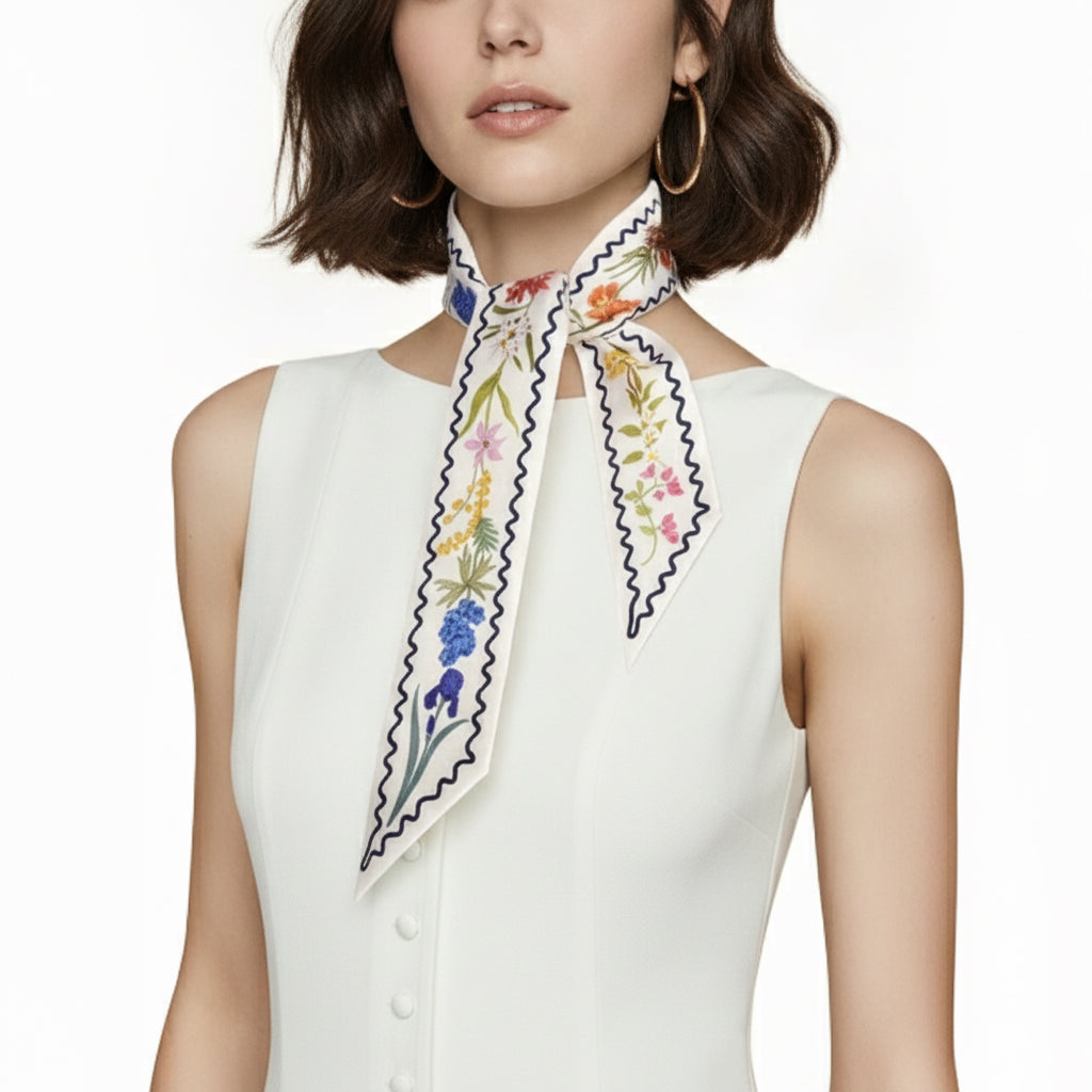 Premium 100% Mulberry Silk Skinny Scarf - Wave Flowers