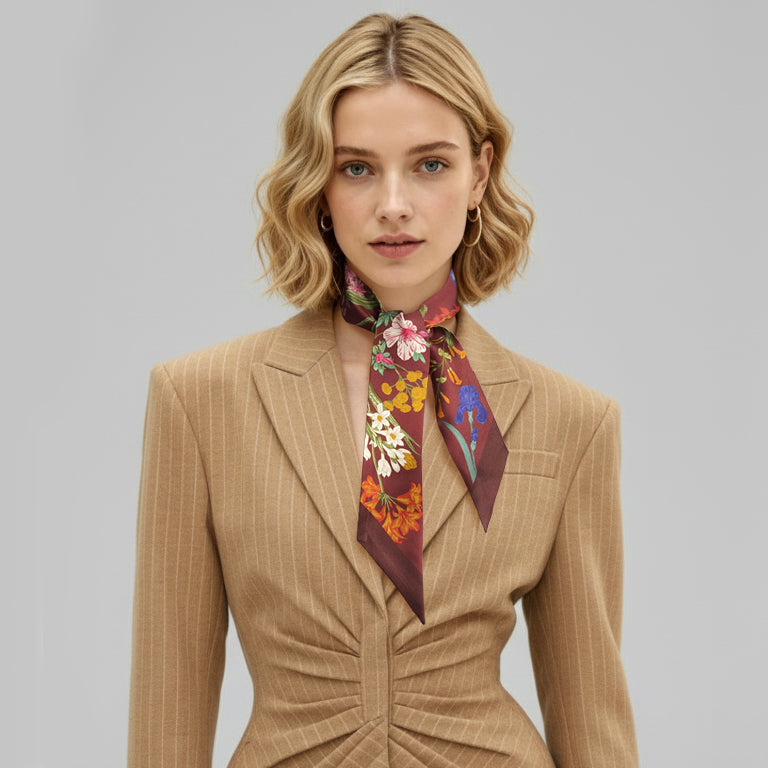 Premium 100% Mulberry Silk Skinny Scarf - Velvet Flowers