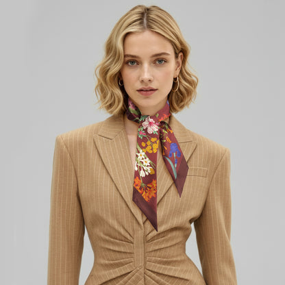 Premium 100% Mulberry Silk Skinny Scarf - Velvet Flowers