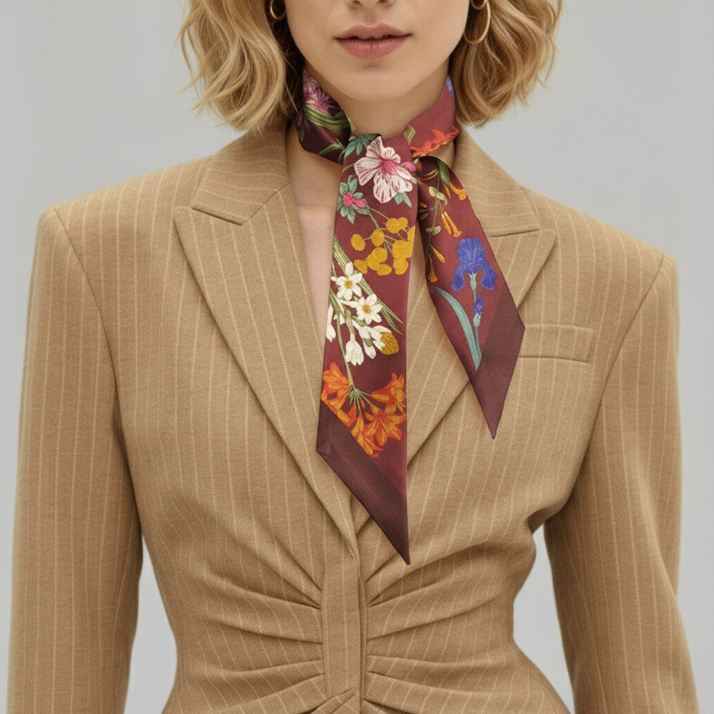 Premium 100% Mulberry Silk Skinny Scarf - Velvet Flowers