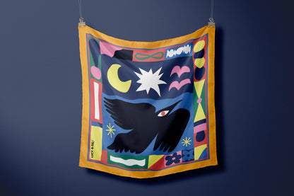 Premium 100% Mulberry Silk Square Scarf - Black Bird 30"x30"