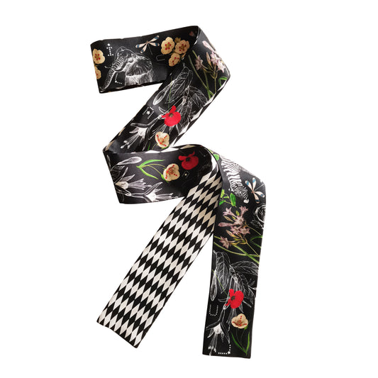 100% Mulberry Silk Skinny Twilly Scarf in Animal Garden Pattern