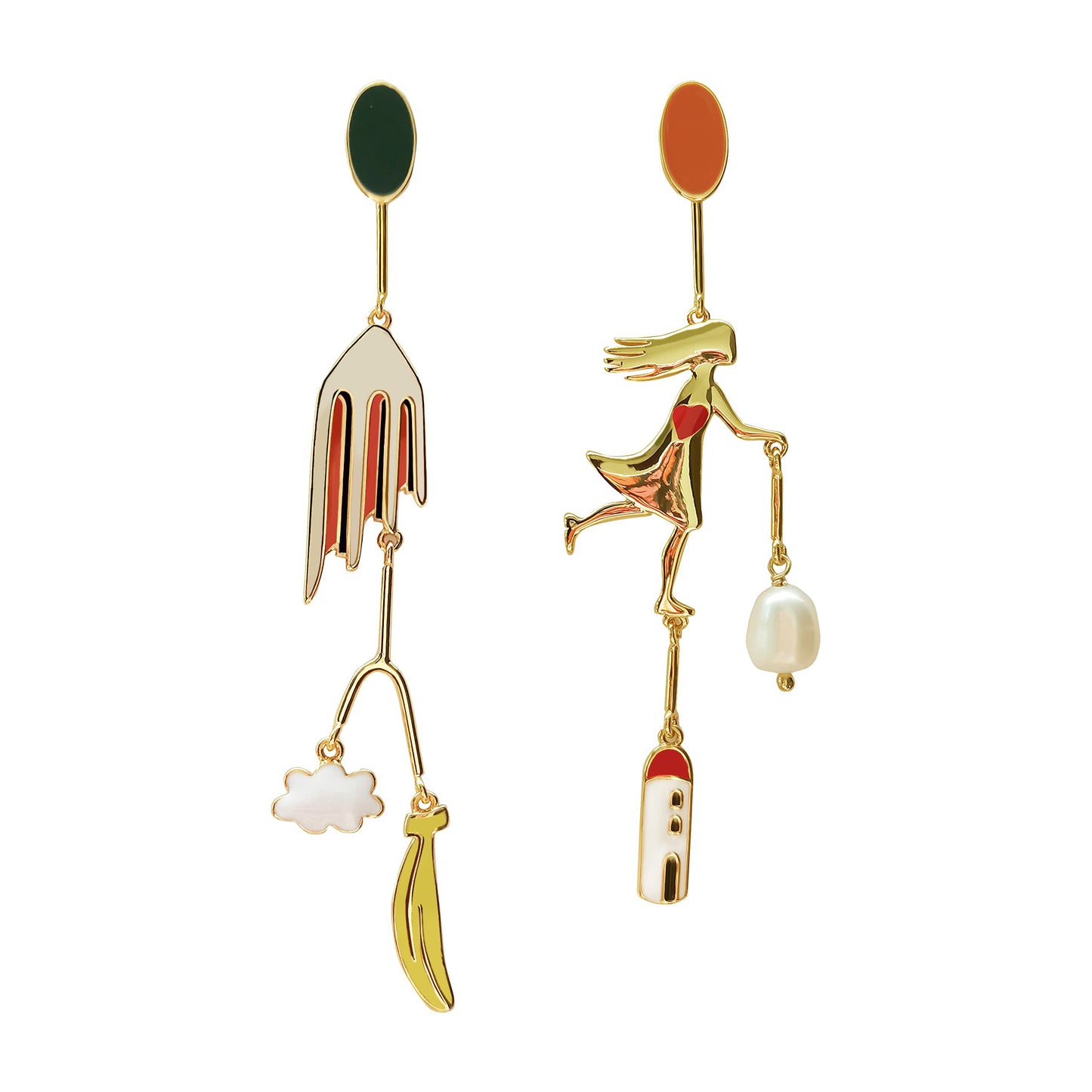 Giorgio De Chirico Art Inspired Little Girl Running Asymmetric 18K Gold Plated Brass Earrings