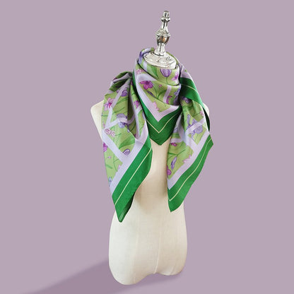 Premium 100% Mulberry Silk Square Scarf - Violet Flower Pattern 35"x35"