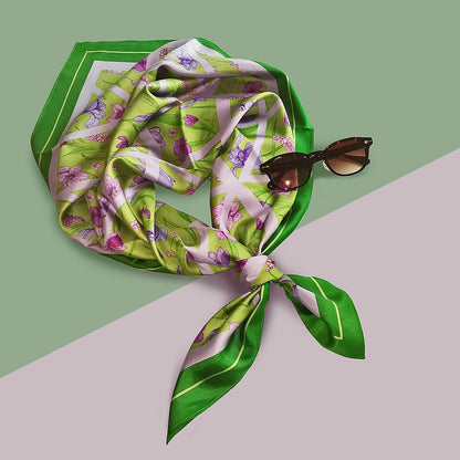 Premium 100% Mulberry Silk Square Scarf - Violet Flower Pattern 35"x35"