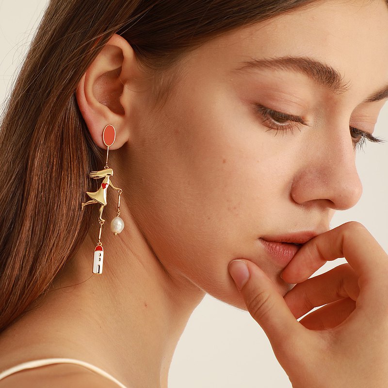 Giorgio De Chirico Art Inspired Little Girl Running Asymmetric 18K Gold Plated Brass Earrings