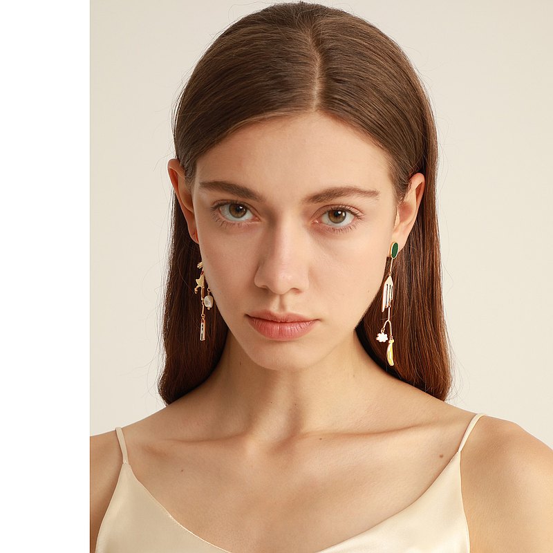 Giorgio De Chirico Art Inspired Little Girl Running Asymmetric 18K Gold Plated Brass Earrings