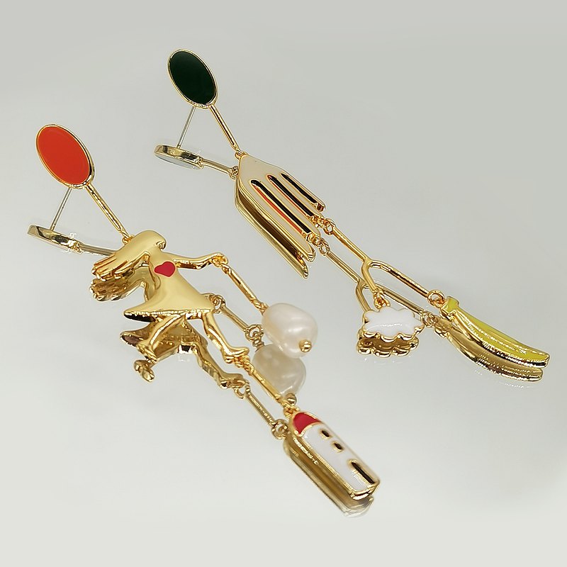 Giorgio De Chirico Art Inspired Little Girl Running Asymmetric 18K Gold Plated Brass Earrings