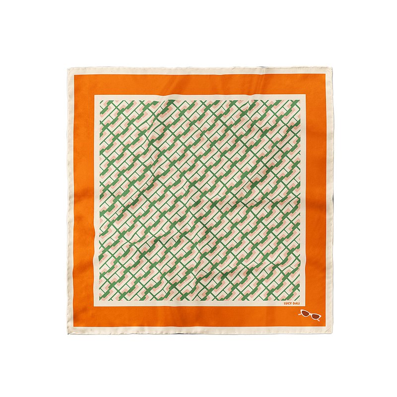 100% Mulberry Silk Square Scarf in Orange Lime chain Pattern 30"x30"