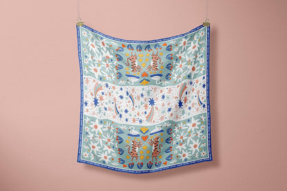 Premium 100% Mulberry Silk Big Square Scarf - Daisy Tulip Swan Pattern 43"x43"