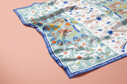 Premium 100% Mulberry Silk Big Square Scarf - Daisy Tulip Swan Pattern 43"x43"