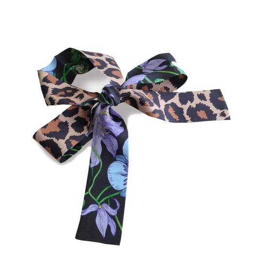 100% Mulberry Silk Skinny Twilly Scarf in Leopard Floral Pattern